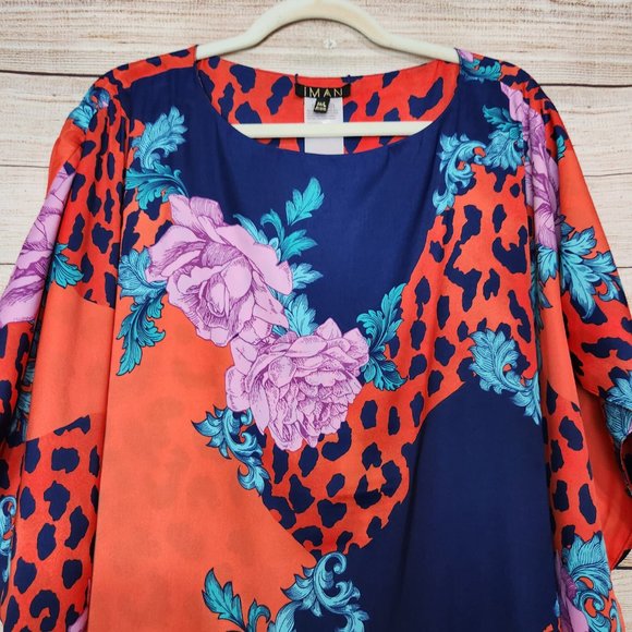 IMAN Global Chic Reversible Printed Poncho Top Floral Leopard Print Women's M/L - Picture 2 of 16
